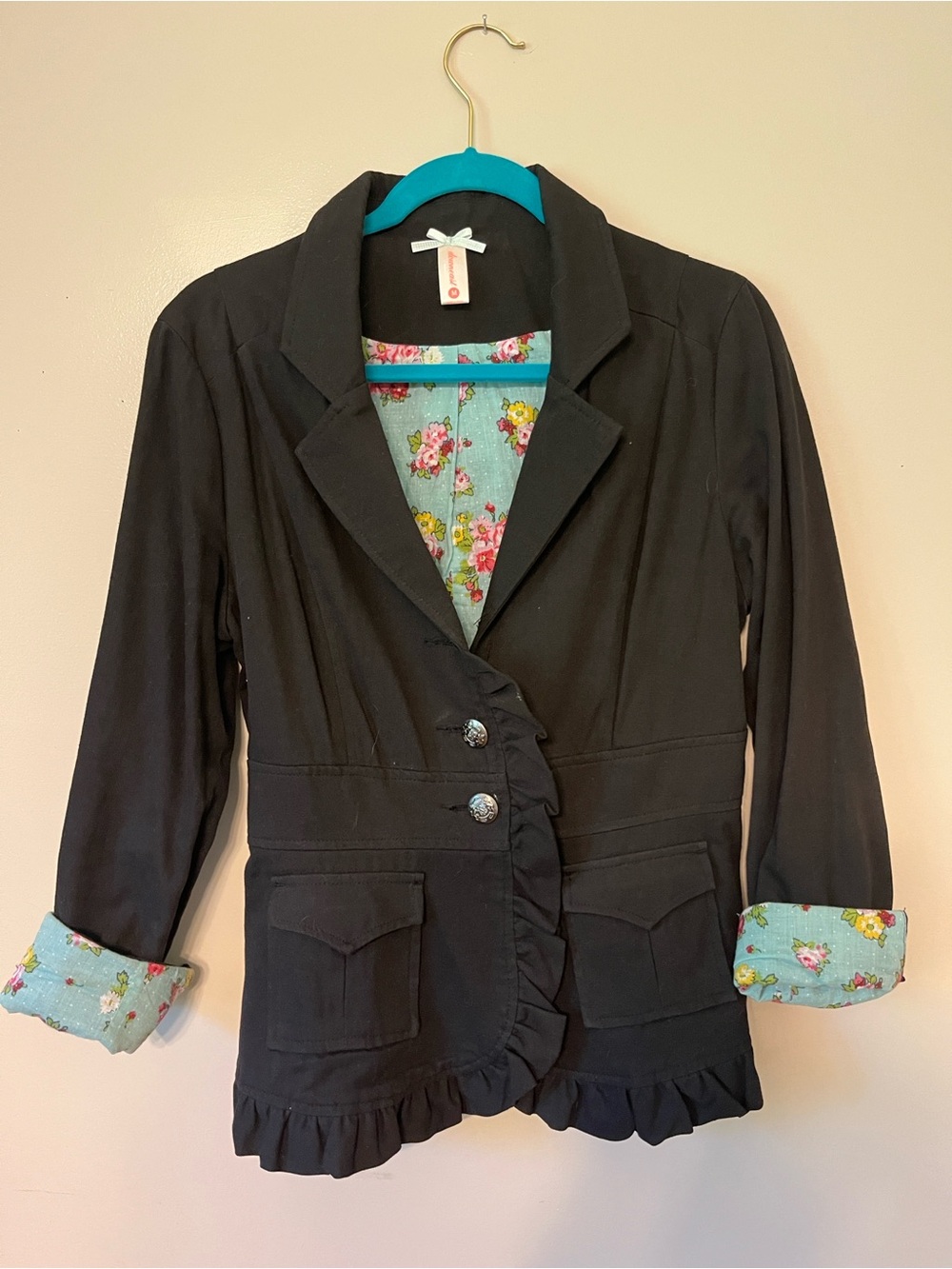 Black Women's Ruffle Hem Blazer Jacket with Floral Lining